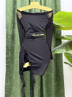 Micro ve Likralı Tül Kumaş Bel Detay  Tasarım Elbise Siyah