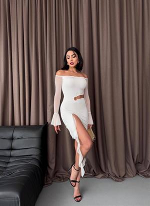 Micro ve Likralı Tül Kumaş Bel Detay  Tasarım Elbise Beyaz