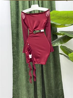 Micro ve Likralı Tül Kumaş Bel Detay  Tasarım Elbise Bordo