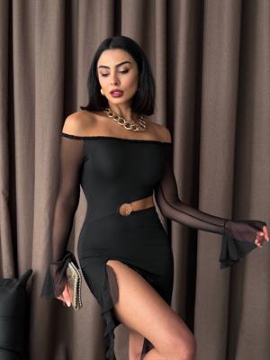 Micro ve Likralı Tül Kumaş Bel Detay  Tasarım Elbise Siyah