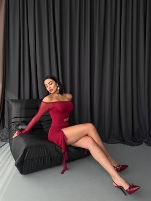 Micro ve Likralı Tül Kumaş Bel Detay  Tasarım Elbise Bordo