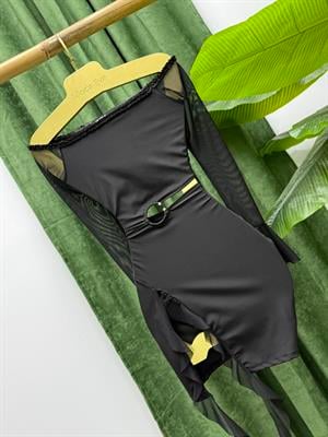 Micro ve Likralı Tül Kumaş Bel Detay  Tasarım Elbise Siyah