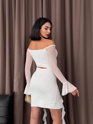 Micro ve Likralı Tül Kumaş Bel Detay  Tasarım Elbise Beyaz