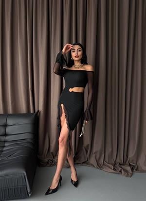 Micro ve Likralı Tül Kumaş Bel Detay  Tasarım Elbise Siyah