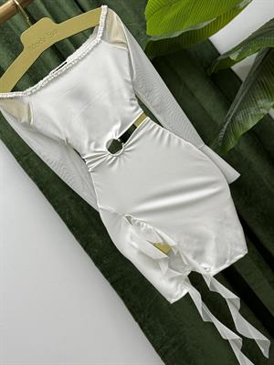 Micro ve Likralı Tül Kumaş Bel Detay  Tasarım Elbise Beyaz