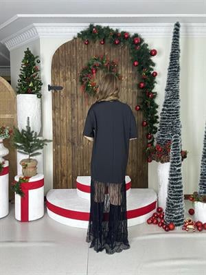 Modal Kumaş Dantel Detaylı Uzun Tasarım Elbise Siyah