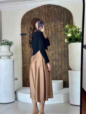 Modal Kumaş Eteği Saten Midi Boy Elbise