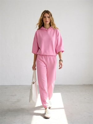 Modal Kumaş Kapişonlu Sweat Joger Alt İkili Pembe Eşofman Takım