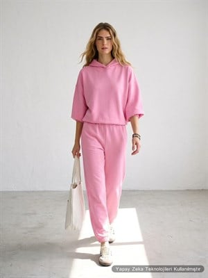 Modal Kumaş Kapişonlu Sweat Joger Alt İkili Pembe Eşofman Takım