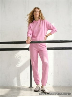 Modal Kumaş Kapişonlu Sweat Joger Alt İkili Pembe Eşofman Takım