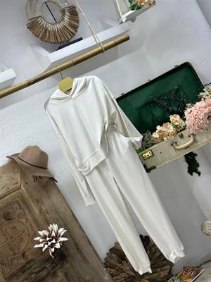 Modal Kumaş Kapişonlu Sweat Joger Alt İkili Krem Eşofman Takım