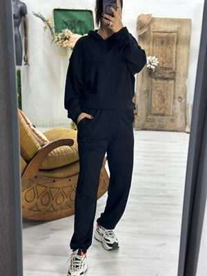 Modal Kumaş Kapişonlu Sweat Joger Alt İkili Siyah  Eşofman Takım