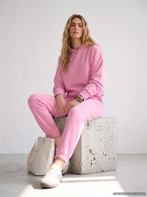 Modal Kumaş Kapişonlu Sweat Joger Alt İkili Pembe Eşofman Takım