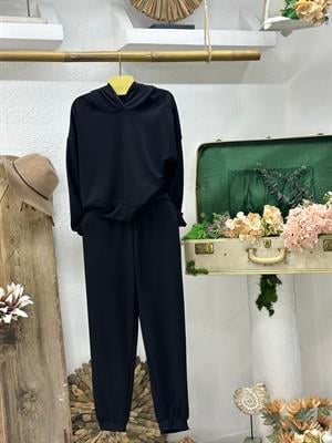 Modal Kumaş Kapişonlu Sweat Joger Alt İkili Siyah  Eşofman Takım