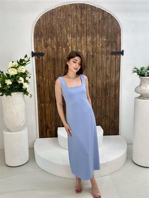 Modal Kumaş Kare Yaka Midi Boy Elbise Bebe Mavisi