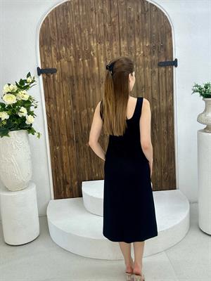 Modal Kumaş Kare Yaka Midi Boy Elbise Siyah