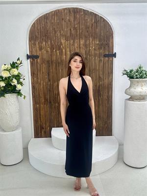 Modal Kumaş Sırt Bağlama Detaylı Uzun Tasarım Elbisemiz Siyah