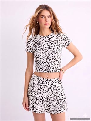 Modal Kumaş Şort Etek T-shirt İkili Takım Leopar