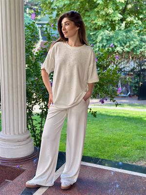 Modal Kumaş Taş Detaylı T-shirt ve Rahat Pantolon İkili Takım Beyaz