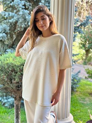 Modal Kumaş Taş Detaylı T-shirt ve Rahat Pantolon İkili Takım Beyaz