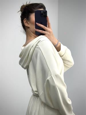 Modal Kumaş Yaka V  Kapişonlu Sweat Joger Alt İkili Krem Eşofman Takım