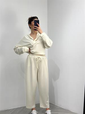 Modal Kumaş Yaka V  Kapişonlu Sweat Joger Alt İkili Krem Eşofman Takım