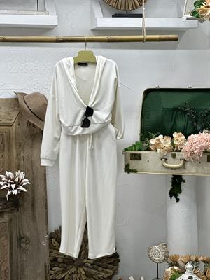 Modal Kumaş Yaka V  Kapişonlu Sweat Joger Alt İkili Krem Eşofman Takım