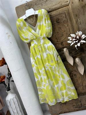 Multi Şifon Kumaş Beli Gipeli  Midi Boy Desenli Elbise