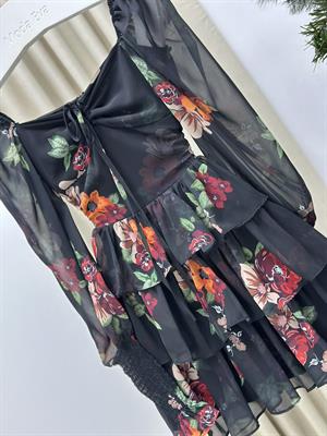 Multi Şifon Kumaş Çiçek Desen Kat Etekli Tasarım Elbise