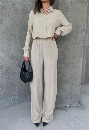 Müslin Keten Kumaş Kısa Gömlekli Pantolonlu İkili Takım 