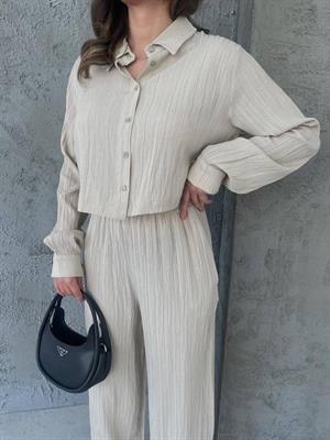 Müslin Keten Kumaş Kısa Gömlekli Pantolonlu İkili Takım 