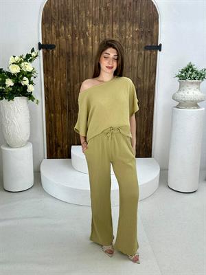 Müslin Kumaş Cep Detaylı Beli Lastikli Rahat Pantolon Haki