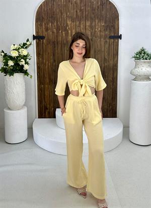 Müslin Kumaş Cep Detaylı Beli Lastikli Rahat Pantolon Sarı