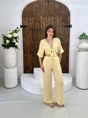 Müslin Kumaş Cep Detaylı Beli Lastikli Rahat Pantolon Sarı