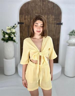 Müslin Kumaş Cep Detaylı Tiril Şort Sarı