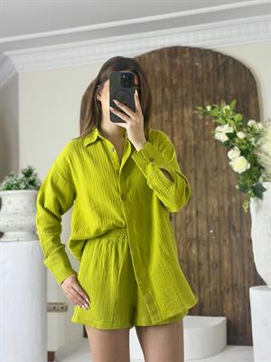 Müslin Kumaş Oversize Kalıp Uzun Kollu Gömlek ve Şort İkili Takım Yağ Yeşili