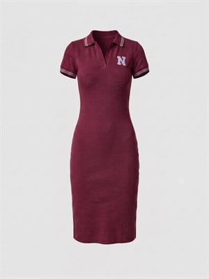 Nakış Detay Likralı İthal Kaşkorse Kumaş Polo Yaka Elbise Bordo