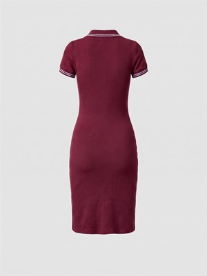Nakış Detay Likralı İthal Kaşkorse Kumaş Polo Yaka Elbise Bordo