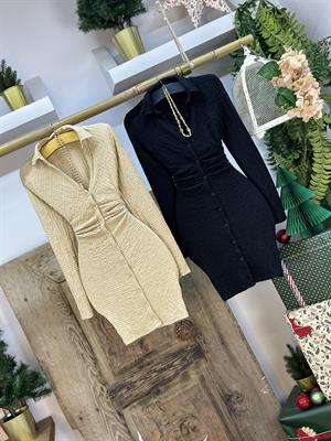 Önü Büzgülü Düğmeli Gömlek Yaka Elbise