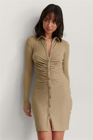 Önü Büzgülü Düğmeli Gömlek Yaka Elbise