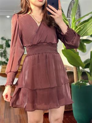 Organze Kumaş Beli Gipeli Kloş Tasarım Elbise Kahve