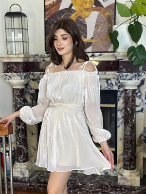Organze Kumaş Madonna Yaka Kloş Tasarım Elbise Beyaz