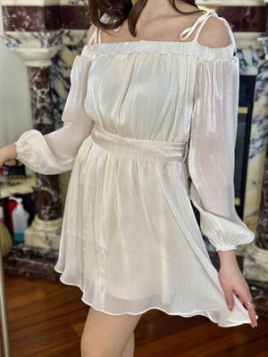 Organze Kumaş Madonna Yaka Kloş Tasarım Elbise Beyaz