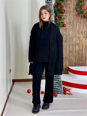 Örgü Desen Triko Şal Pantolon Kazak Üçlü Takım Siyah