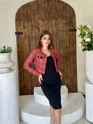 Örme Crep Askılı Elbise & Ekose Desen Dalgıç Ceket İkili Takım