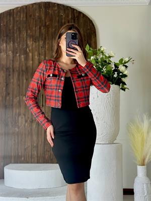 Örme Crep Askılı Elbise & Ekose Desen Dalgıç Ceket İkili Takım