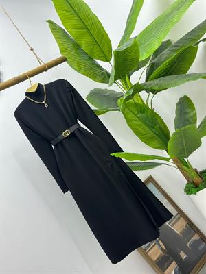 Örme Crep Kumaş Balıkçı Yaka Derin Yırtmaçlı Midi Boy Elbise 