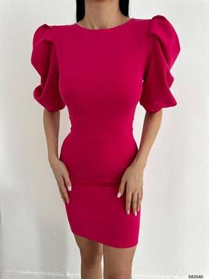 Örme Crep Kumaş Balon Kol Sırt Dekolteli Elbise