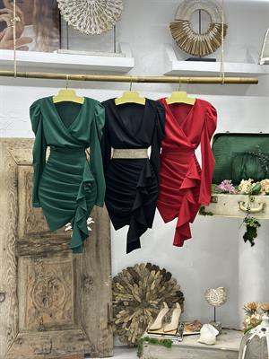 Örme Crep  Kumaş Balon Kol Volan Detay Yeşil Elbise