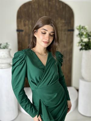 Örme Crep  Kumaş Balon Kol Volan Detay Yeşil Elbise